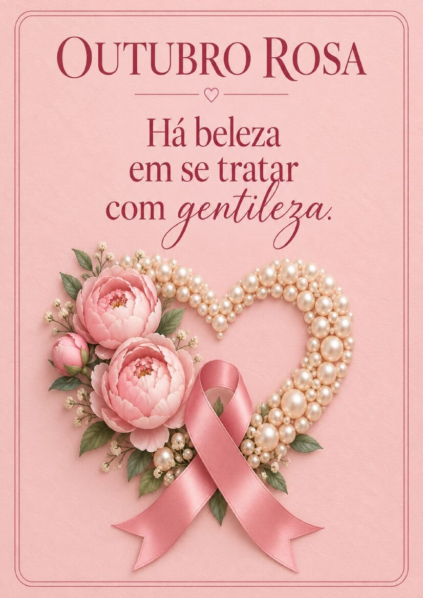 Imagem Outubro Rosa com coração feito de pérolas, flores rosas e fita de conscientização